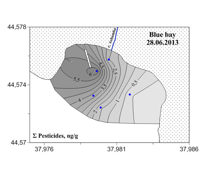 Распределение суммы пестицидов (нг/г) в донных осадках Голубой бухты