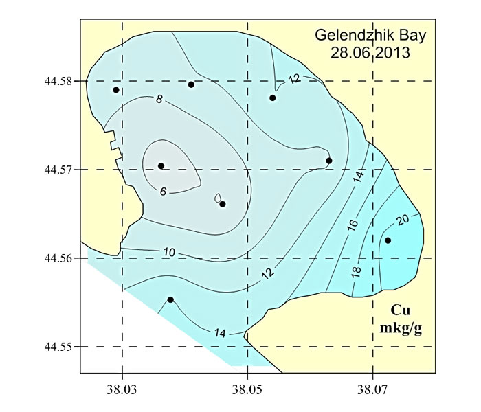 Концентрации меди (мкг/г) в донных осадках в 2013 г.