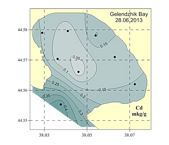 Концентрации кадмия (мкг/г) в донных осадках в 2013 г.