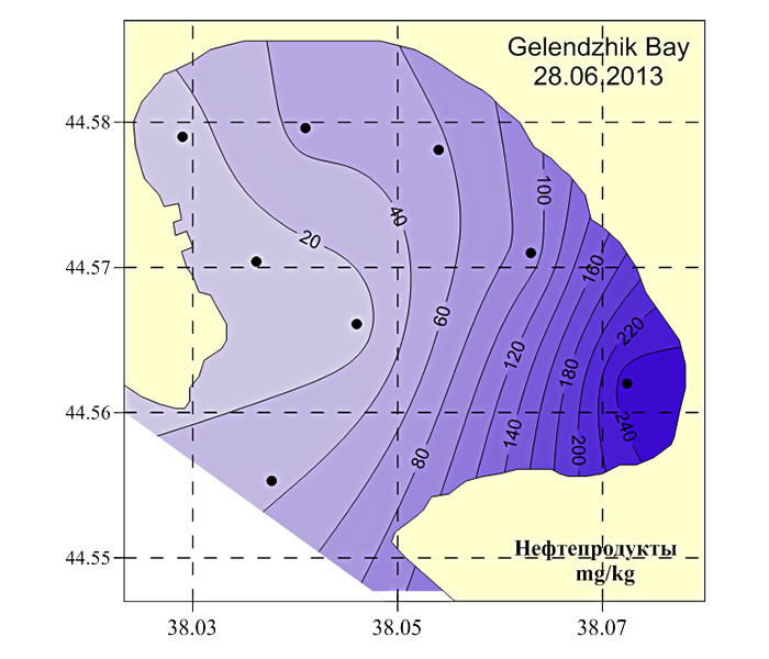 Концентрации нефтепродуктов в донных осадках в 2013 г.